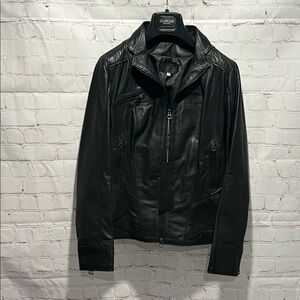 Italian Womans Black Leather‎ Zip Up Jacket Made by CURGÈ size XL EU 50 NWT W13